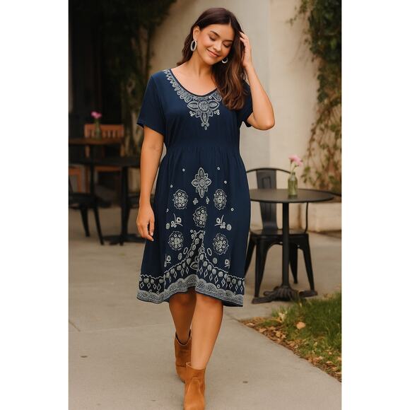 JW Los Angeles Blue Embroidered Cotton Boho Dress | Short Sleeve Tunic | XL - Picture 1 of 10